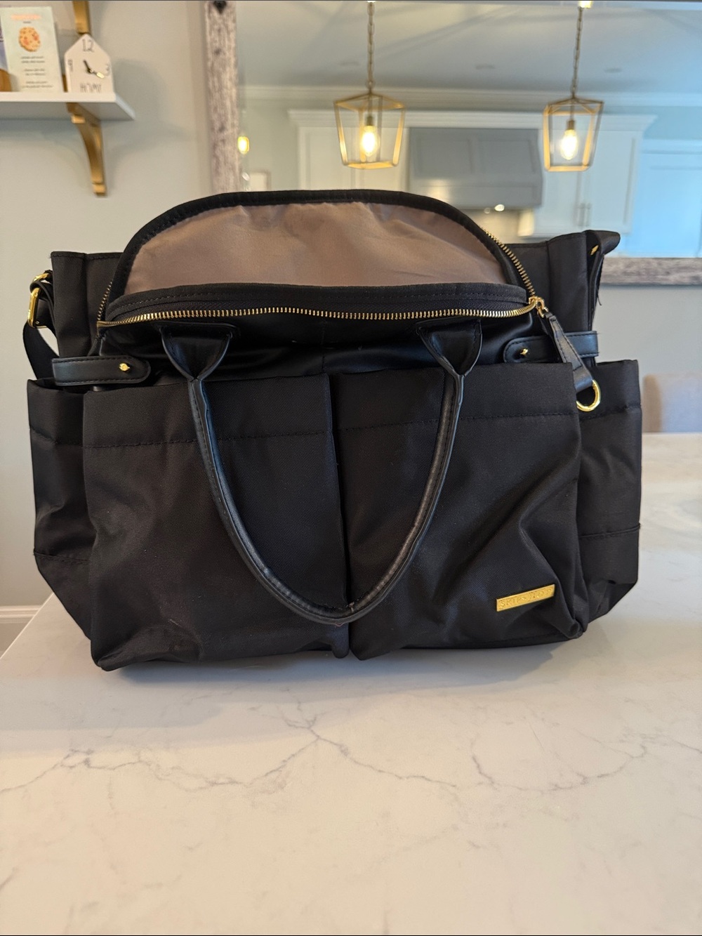 Skip Hop Black Baby Diaper Bag Tote with Gold Accents